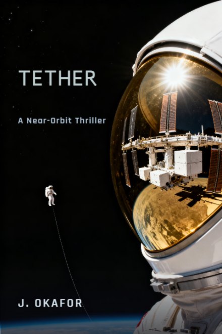 Science Fiction book cover: TETHER — AI art prompt: A large white space helmet close to the viewer at the right of the frame, its gold mirrored visor turned away and filled edge to edge with the white blaze of the sun and the curved reflection of solar panel wings and boxy white orbital station modules, and far beyond it a single astronaut in a white suit floating tiny at the end of a long thin tether, hard unfiltered sunlight from one side throwing a deep black shadow across both suits, a thin sliver of blue earth limb far below, cinematic photographic realism, the helmet runs out past the bottom and right edges, the upper part of the frame is deep empty black space with only a scatter of faint stars