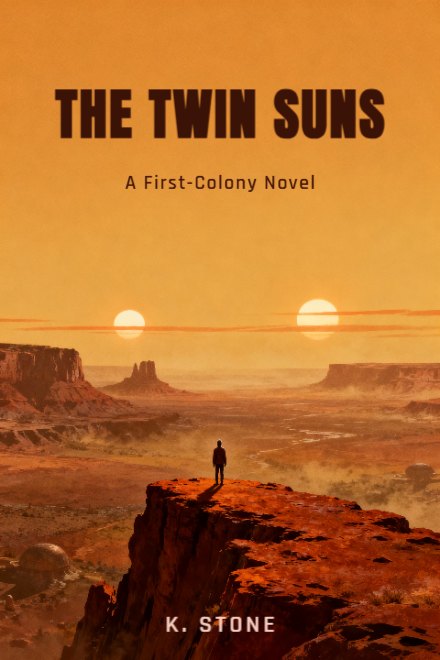 Science Fiction book cover: THE TWIN SUNS — AI art prompt: A small lone figure seen from behind standing on a ridge of rust coloured rock and looking out over a vast alien valley, two suns low in a dusty amber sky, distant mesas and thin ribbon clouds, cinematic painterly illustration with warm haze, the figure is tiny and faceless near the bottom of the frame, the amber sky filling the upper part of the frame is a wide empty gradient
