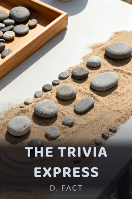 Puzzle & Activity book cover: THE TRIVIA EXPRESS — AI art prompt: A shallow wooden tray of smooth pebbles being sorted by size on a light table, two hands absent, the tray half arranged, bright practical daylight, warm sand and grey palette, quiet tactile still life