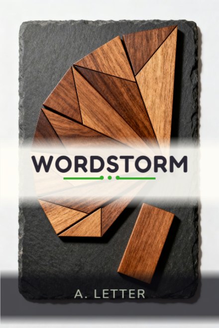 Puzzle & Activity book cover: WORDSTORM — AI art prompt: A set of polished wooden tangram pieces arranged into an abstract fan on dark slate, one piece lifted slightly out of place, hard single light raising the grain and edges, warm walnut against charcoal, blank faces with no engraving