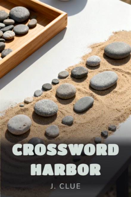 Puzzle & Activity book cover: CROSSWORD HARBOR — AI art prompt: A shallow wooden tray of smooth pebbles being sorted by size on a light table, two hands absent, the tray half arranged, bright practical daylight, warm sand and grey palette, quiet tactile still life