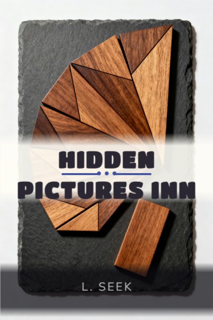 Puzzle & Activity book cover: HIDDEN PICTURES INN — AI art prompt: A set of polished wooden tangram pieces arranged into an abstract fan on dark slate, one piece lifted slightly out of place, hard single light raising the grain and edges, warm walnut against charcoal, blank faces with no engraving