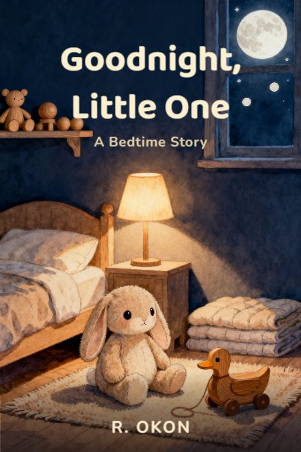 Children's Book book cover: Goodnight, Little One — AI art prompt: A soft plush rabbit sitting up on the rug of a warm little bedroom at night, whole body in view, big friendly eyes turned out toward the reader, a wooden pull along duck beside it and a wide gentle moon with a few round stars in the window, lit by a warm shadowless glow from a low bedside lamp, only a gentle pool of shade under the bed, a shelf of plain rounded wooden toys and a folded quilt stacked in plain layers behind, warm hand painted gouache children's picture book illustration in deep even colour, the rug runs out past the left and right edges, the upper part of the frame is a wide empty deep navy wall above the lamp glow