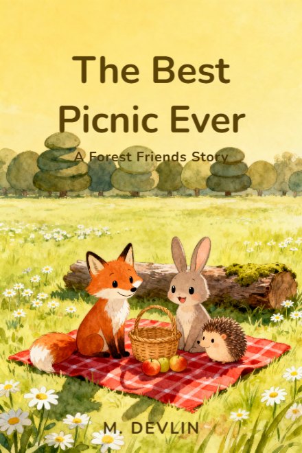 Children's Book book cover: The Best Picnic Ever — AI art prompt: A fox, a rabbit and a round little hedgehog sitting together on a red checked blanket in a sunny meadow, a wicker basket and three round fruits between them, all three faces turned out toward the reader with big friendly eyes and open smiles, lit by soft shadowless daylight from every side at once, only a gentle pool of shade under the blanket, a scatter of daisies, a mossy log and a row of simple rounded trees stacked in plain layers behind, warm hand painted gouache children's picture book illustration in clean saturated colour, the meadow runs out past the left and right edges, the upper part of the frame is a wide empty butter yellow sky