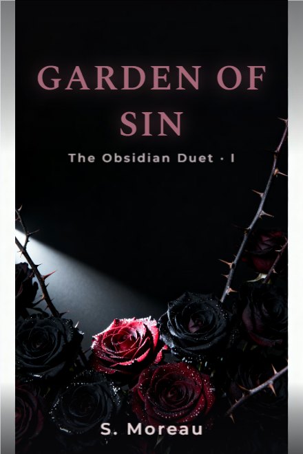 Dark Romance book cover: GARDEN OF SIN — AI art prompt: Black roses and thorned stems massed along the lower edge and creeping up the sides, a single hard light raking from the lower left, wet petals catching cold highlights, near-black background, desaturated crimson the only colour, 35mm film grain, low-key studio lighting