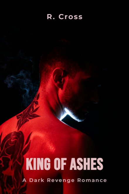 Dark Romance book cover: KING OF ASHES — AI art prompt: A bare-shouldered man seen from behind and turned slightly away, dark tattoos across his back and neck, one hard cold rim light tracing the edge of his shoulder and jaw, his face lost in shadow and unreadable, matte black background, thin smoke drifting, glossy skin highlights, high-contrast chiaroscuro with a faint crimson cast, the lower third of the image is empty unlit black shadow with nothing in it