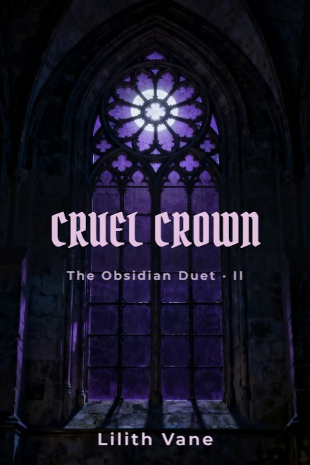 Dark Romance book cover: CRUEL CROWN — AI art prompt: An ornate gothic rose window seen straight on, wrought iron tracery, deep violet glass barely lit from behind, surrounding stone falling into shadow, strict symmetry, cold moonlight