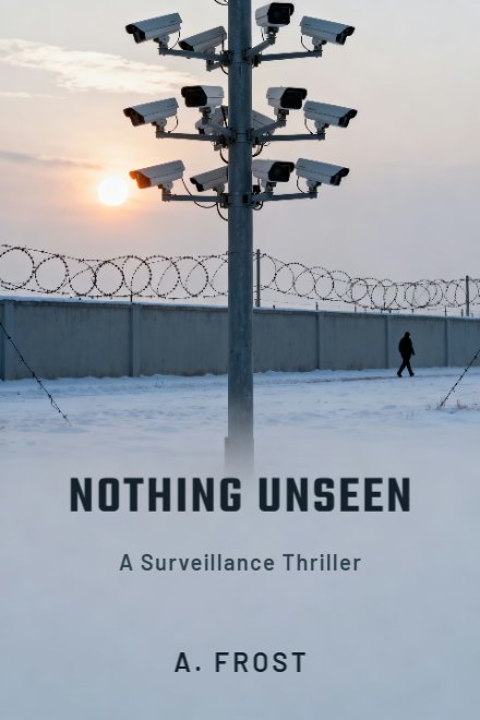 Dystopian book cover: NOTHING UNSEEN — AI art prompt: A steel pole crowded with surveillance cameras all aimed different ways rising against a washed out pale winter sky, a sagging run of barbed wire crossing behind it and a long low perimeter wall further back, cold low sun burning through thin cloud from the left and rimming every housing and barb, one tiny faceless figure walking beside the distant wall, pale winter haze, cinematic photographic realism, the wire runs out past the left and right edges, the lower part of the frame is a wide empty pale grey wash of sky and mist