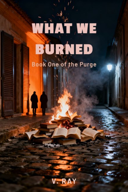 Dystopian book cover: WHAT WE BURNED — AI art prompt: A burning heap of books piled on the cobbles of a narrow night street, pages curling open in the flames and sparks lifting away on the draught, two tiny faceless figures in dark coats standing back from the heat, orange firelight thrown upward across shuttered doorways and one cold streetlamp further down the road, wet stone catching the glow, drifting smoke and ash, cinematic photographic realism, the street runs out past the left and right edges, the upper part of the frame is flat empty night above the rooflines carrying only rising sparks