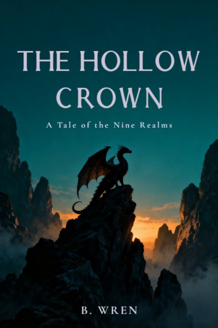 Fantasy book cover: THE HOLLOW CROWN — AI art prompt: A great dragon perched in silhouette on a jagged ridge, wings half folded, seen against a deep teal twilight sky, faint amber glow rising behind the rocks, atmospheric haze, painterly epic fantasy illustration, the upper sky is open and uncluttered