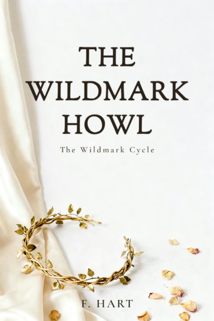 Fantasy book cover: THE WILDMARK HOWL — AI art prompt: A slender gold crown of twisted branches and small leaves lying on pale ivory silk that fills the whole frame corner to corner, soft high-key daylight, a few scattered dried petals, the entire upper half of the image is smooth empty ivory with nothing on it, minimal elegant still life, fine gold detail