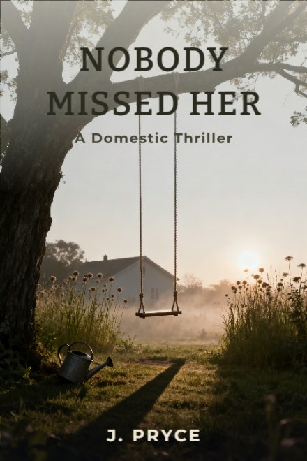 Mystery book cover: NOBODY MISSED HER — AI art prompt: A single empty rope swing hanging still from the branch of a large tree in an overgrown garden, tall seeded grass and a fallen watering can around its base, a pale farmhouse standing far behind it and softened by distance, weak evening sun raking low through the grass and throwing one long shadow from the swing, thin haze in the air, cinematic photographic realism, the grass runs out past the left and right edges, the washed out sky above the tree is a wide empty pale grey gradient
