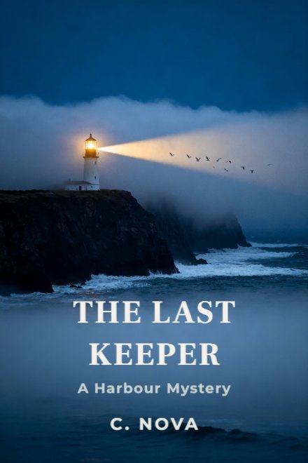Mystery book cover: THE LAST KEEPER — AI art prompt: A lighthouse standing on a dark clifftop headland, its single beam cutting sideways through heavy sea fog, the cliff falling away to white water far below and a line of gulls turning through the beam, cold blue night with one warm point of light in the lantern room, thick drifting fog, cinematic photographic realism, the cliff runs out past the left and right edges, the lower part of the frame is a slow bank of grey blue fog with faint darker swells of sea showing through it