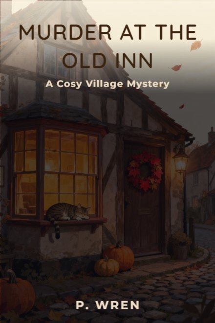 Mystery book cover: MURDER AT THE OLD INN — AI art prompt: A warm illustrated scene of an old timber inn on a village corner, its bay window glowing amber and a tabby cat asleep on the sill, pumpkins and a wreath of red leaves beside the door, a lantern throwing soft light onto the cobbles, gentle autumn afternoon light and a few leaves turning in the air, cosy storybook illustration with soft edges, the cobbles run out past the bottom and side edges, the pale cream autumn sky above the roof is a wide empty wash