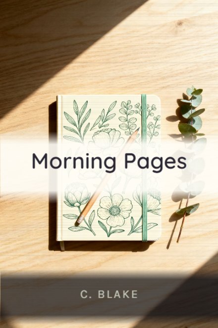 Journal & Planner book cover: Morning Pages — AI art prompt: A closed hardback notebook on a pale oak desk, its elastic band snapped shut, a slim pencil laid diagonally across the cover, a sprig of eucalyptus beside it, bright even daylight from above, warm cream and sage palette, clean flat-lay composition, no page opened anywhere