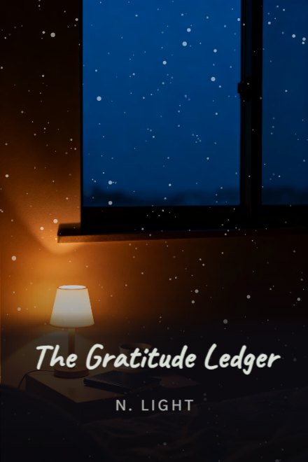 Journal & Planner book cover: The Gratitude Ledger — AI art prompt: A small table lamp glowing on a bedside table at night, a closed notebook and a cup of tea beside it, deep blue window darkness behind, warm amber pool of light against cool shadow, cosy interior photography, the lower third settling into soft dark