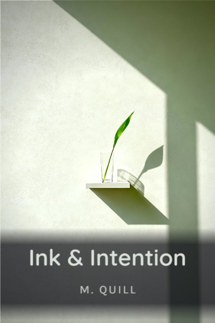 Journal & Planner book cover: Ink & Intention — AI art prompt: An almost empty pale plaster wall with one small shelf holding a single green stem in a glass, long soft shadow cast to the right, generous empty space around it, gentle daylight, warm white and pale green palette, calm minimalist interior