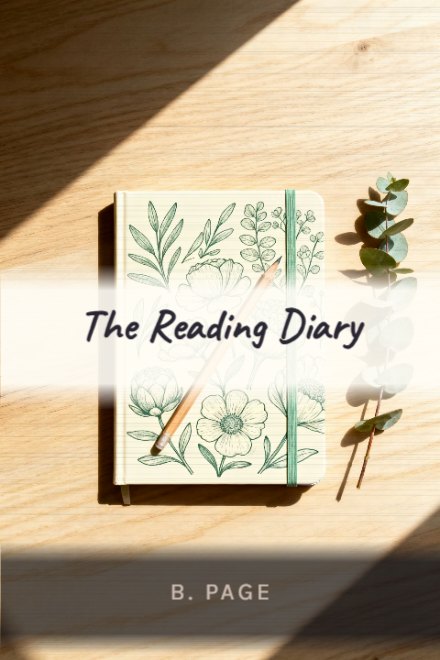 Journal & Planner book cover: The Reading Diary — AI art prompt: A closed hardback notebook on a pale oak desk, its elastic band snapped shut, a slim pencil laid diagonally across the cover, a sprig of eucalyptus beside it, bright even daylight from above, warm cream and sage palette, clean flat-lay composition, no page opened anywhere