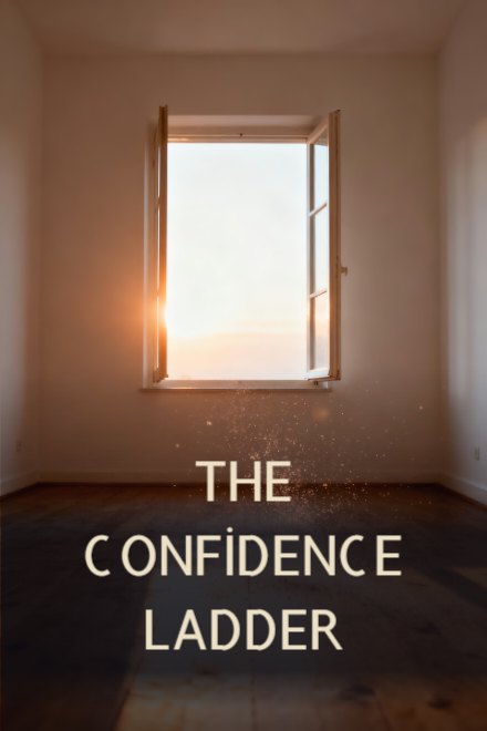 Self-Help book cover: The Confidence Ladder — AI art prompt: Sunrise light flooding through a plain open window onto a bare wooden floor, the room empty and uncluttered, warm rays and floating dust, soft amber and white palette, quiet hopeful interior