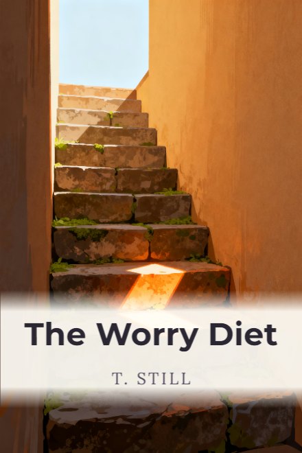Self-Help book cover: The Worry Diet — AI art prompt: A worn stone stair climbing out of shadow into warm open light, moss in the joints, one step catching full sun, the wall beside it plain and unbroken, hopeful warm palette, the upper area opening into plain bright sky