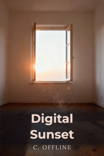 Self-Help book cover: Digital Sunset — AI art prompt: Sunrise light flooding through a plain open window onto a bare wooden floor, the room empty and uncluttered, warm rays and floating dust, soft amber and white palette, quiet hopeful interior