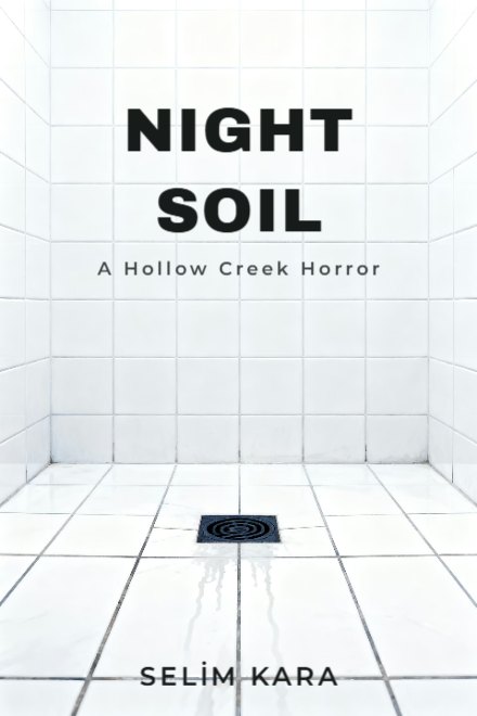 Horror book cover: NIGHT SOIL — AI art prompt: A sterile white tiled room in flat clinical light, one dark drain in the middle of the floor, faint damp streaks on the grout, no people and no furniture, high-key cold white, unsettling emptiness, the upper part of the frame is plain white tile with nothing on it