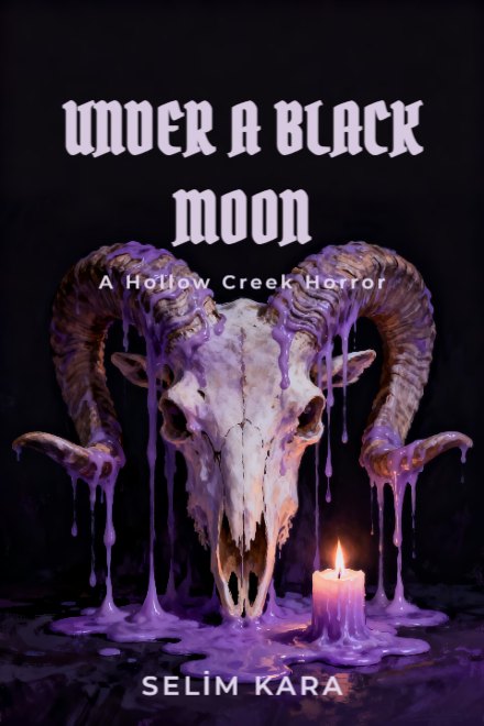 Horror book cover: UNDER A BLACK MOON — AI art prompt: A ram skull with long curling horns, thick melted candle wax running down the horns and pooling below, small guttering flames, deep violet-black darkness around it, occult still life, painterly, the space above the horns is empty unlit black