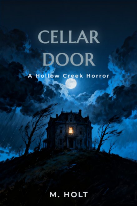 Horror book cover: CELLAR DOOR — AI art prompt: A gothic manor house standing alone on a hill in a storm, one window lit, bare trees bending in the wind; the storm clouds run out past the left and right edges of the picture and the hillside runs out past the bottom edge, seen from below, heavy blue-black clouds filling the upper part of the frame with nothing in them, painterly, cold moonlight