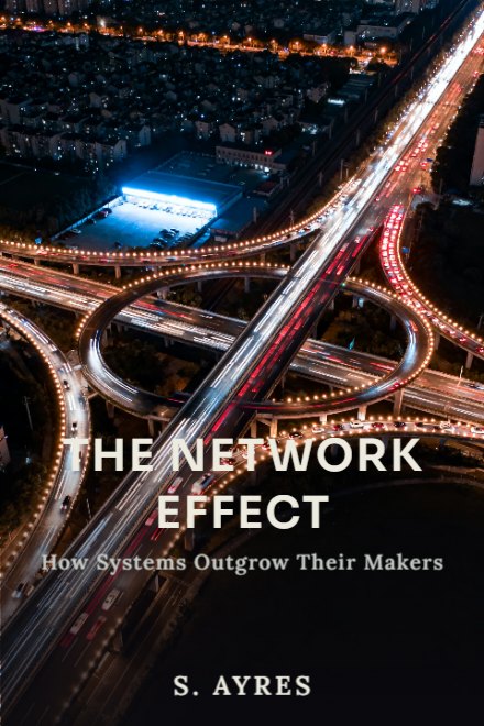 Nonfiction & Business book cover: THE NETWORK EFFECT — AI art prompt: A multi level motorway interchange seen from high above at night, its ramps looping over and under one another in a dense working knot, every lane full of traffic drawn by a long exposure into unbroken ribbons of white and red light, warm sodium lamp strings following each curve, one cold blue white glare from a lit service yard, packed city blocks and a lit rail line further out, thin exhaust haze softening the lights, calm documentary photographic realism in clear even colour, the ramps run out past the left and right edges, the lower part of the frame is flat empty unlit ground beyond the last lamp