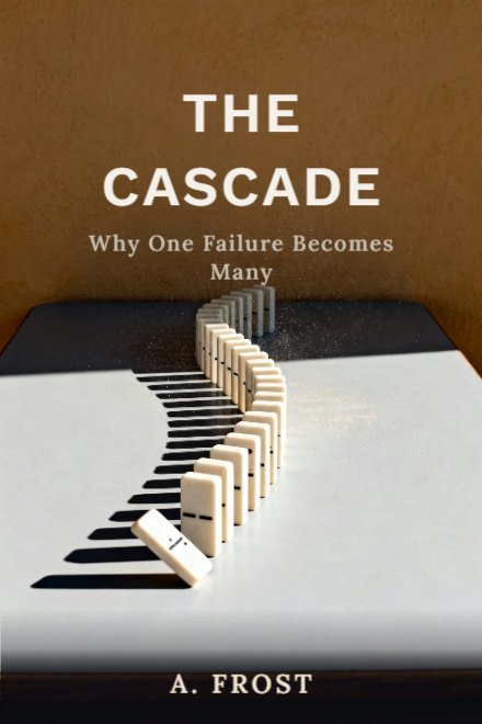 Nonfiction & Business book cover: THE CASCADE — AI art prompt: A long curving line of plain unmarked white dominoes standing on edge across a wide pale grey table, the nearest tile already tipping past its balance point while the line behind it runs away smaller toward the far end, low afternoon sun raking sideways from the right and throwing one hard black shadow from every tile, the near table edge crossing the bottom of the frame and a warm plaster wall well behind, fine dust drifting through the low light, calm documentary photographic realism in clear even colour, the table runs out past the left and right edges, the upper part of the frame is a wide empty pale plaster wash