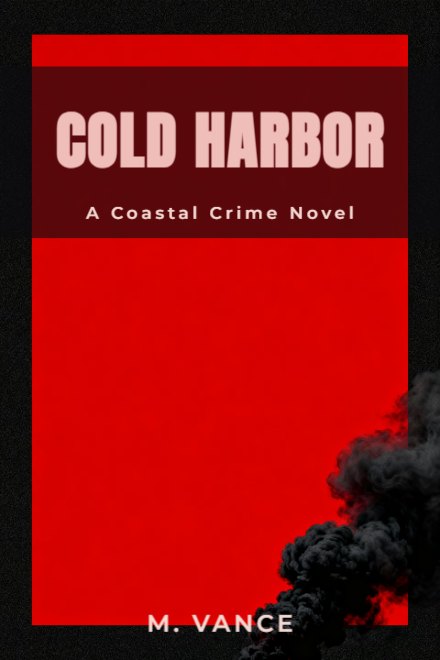 Thriller & Crime book cover: COLD HARBOR — AI art prompt: One unbroken flat saturated blood-red field covering the whole frame corner to corner, a deep black smoke mass rolling in only from the bottom edge and the lower right corner, the upper two thirds stay one continuous red with nothing across them, no stripes and no bands of any other colour, graphic poster tension, fine film grain