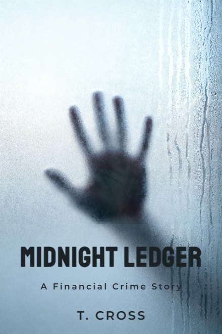 Thriller & Crime book cover: MIDNIGHT LEDGER — AI art prompt: A single human handprint pressed on frosted glass seen from the other side, cold daylight behind it, condensation running down, the hand shape blurred and anonymous, pale grey-blue palette, high-key, macro texture