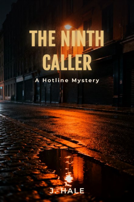 Thriller & Crime book cover: THE NINTH CALLER — AI art prompt: A rain-slick empty city street at night under one sodium vapour lamp, orange light pooling on the asphalt and reflecting in puddles, dark shuttered facades, no people, wet cobbles, film grain, orange and black
