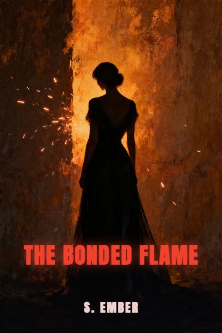 Romantasy book cover: THE BONDED FLAME — AI art prompt: A woman seen from behind in a flowing gown, her head turned away and her face unseen, standing against a wall of warm ember light and drifting sparks, her silhouette almost entirely dark, deep amber and black palette, cinematic backlight, painterly fantasy