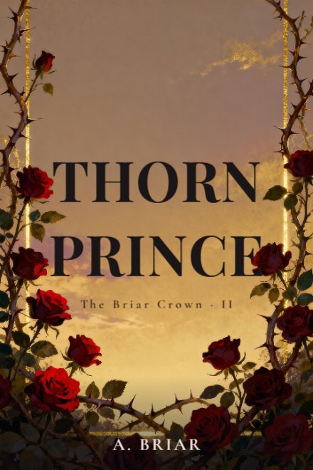 Romantasy book cover: THORN PRINCE — AI art prompt: Thorned rose vines with dark red blooms climbing from the bottom edge and up both sides of the frame against a rose-gold dusk sky, gold light rimming the thorns, the whole centre of the image is calm empty sky with nothing in it, painterly romantasy illustration