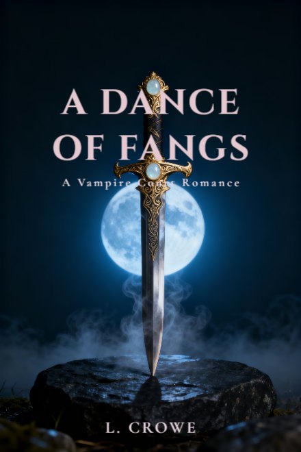 Romantasy book cover: A DANCE OF FANGS — AI art prompt: An ornate fae dagger standing point-down in dark stone in the lower two thirds of the frame, engraved gold hilt set with a single pale moonstone, cold blue moonlight from behind, thin mist around the blade, near-black desaturated palette, cinematic fantasy still life