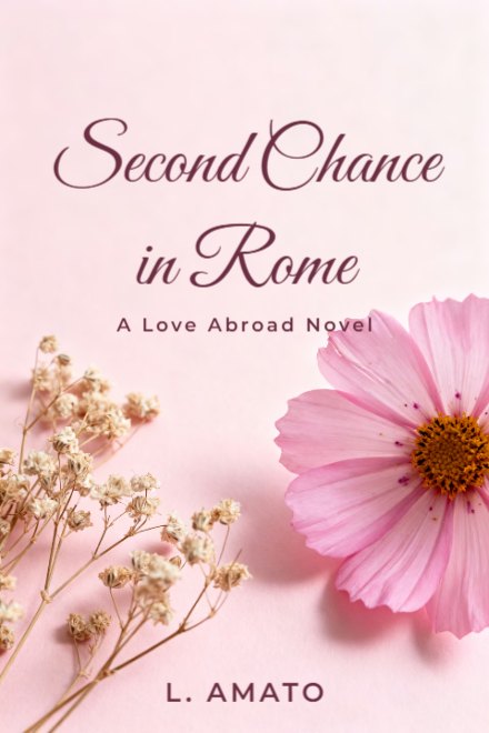 Romance book cover: Second Chance in Rome — AI art prompt: Soft blush pink field flowers lying on a pale pink surface, shallow depth of field, delicate petals and dried baby's breath, high-key romantic still life, the whole upper part of the frame is smooth empty blush pink with nothing on it