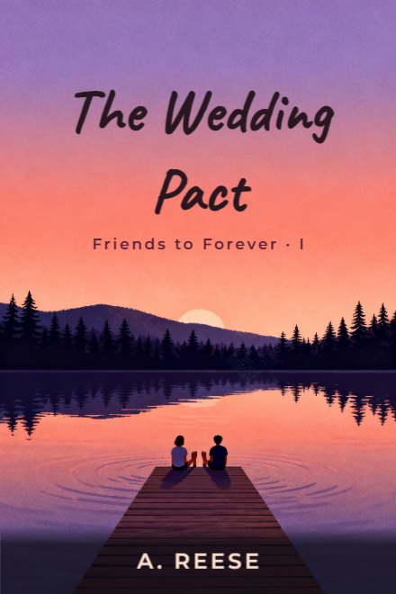 Romance book cover: The Wedding Pact — AI art prompt: A flat illustration of a wooden dock reaching into a calm lake at sunset, two small figures seen from far behind sitting side by side with their feet over the water, warm coral and violet sky, distant pine hills, no faces visible, the sky fills the upper half of the frame as an open gradient