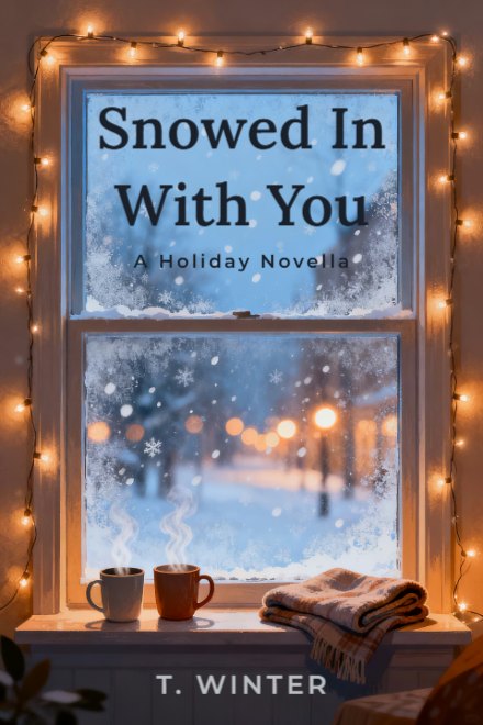 Romance book cover: Snowed In With You — AI art prompt: A flat illustration seen from inside a cosy room looking out through a frosted window at falling snow and blurred warm street lights, two steaming mugs and a folded blanket on the wide window sill, a string of warm fairy lights along the frame, soft blue-white outside and amber inside, no people, the upper part of the frame is plain calm wall and glass with nothing on it