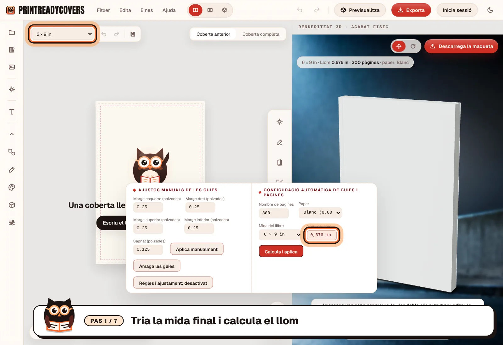 Tria la mida final i calcula el llom — captura de pantalla de l'estudi de PrintReadyCovers