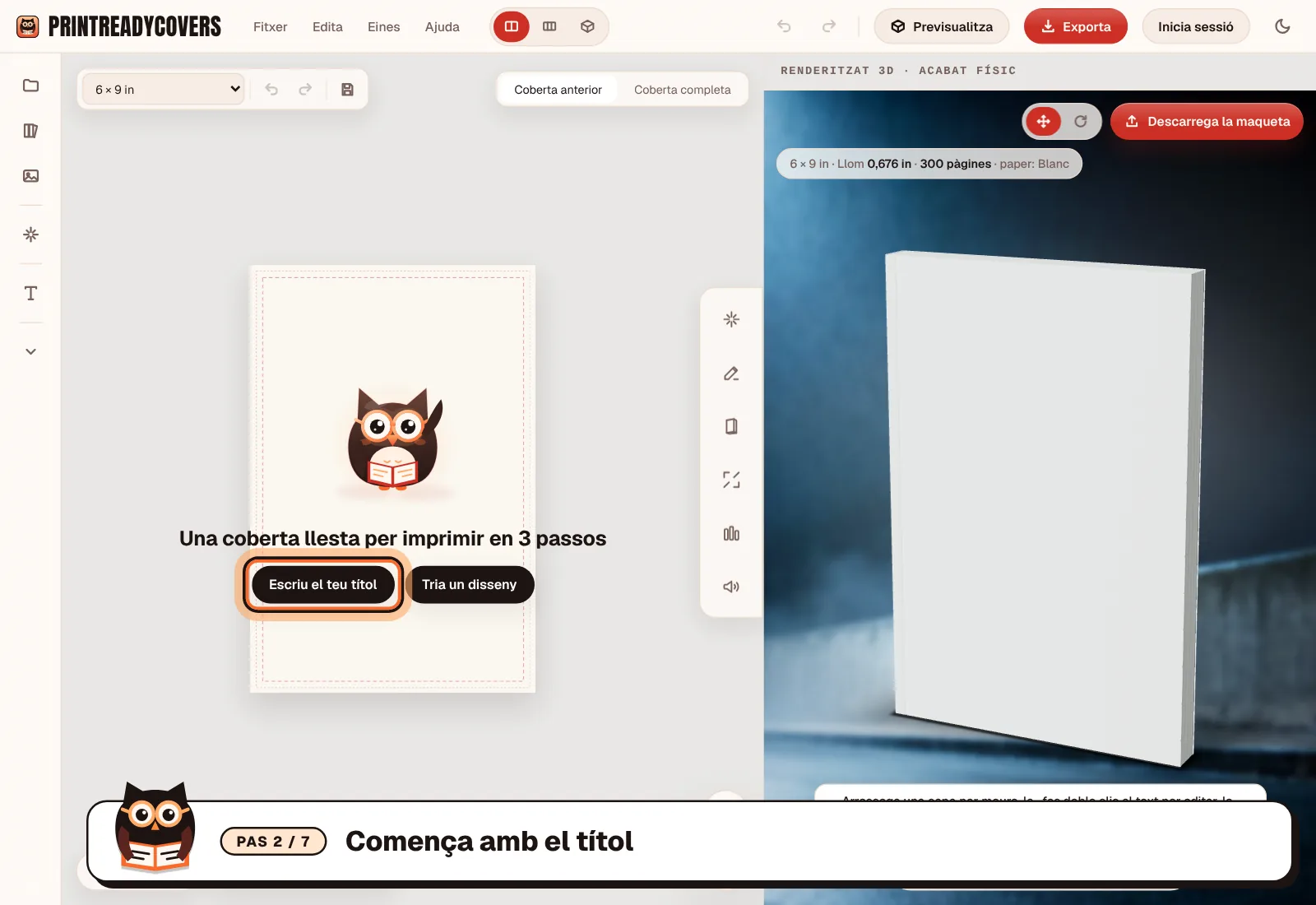 Comença amb el títol — captura de pantalla de l'estudi de PrintReadyCovers