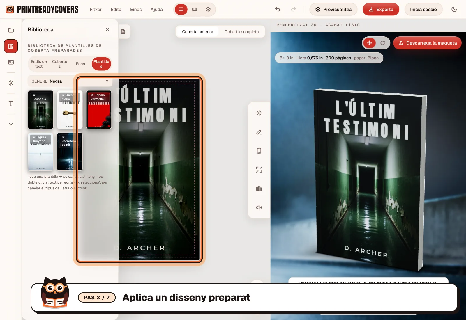 Aplica un disseny preparat — captura de pantalla de l'estudi de PrintReadyCovers