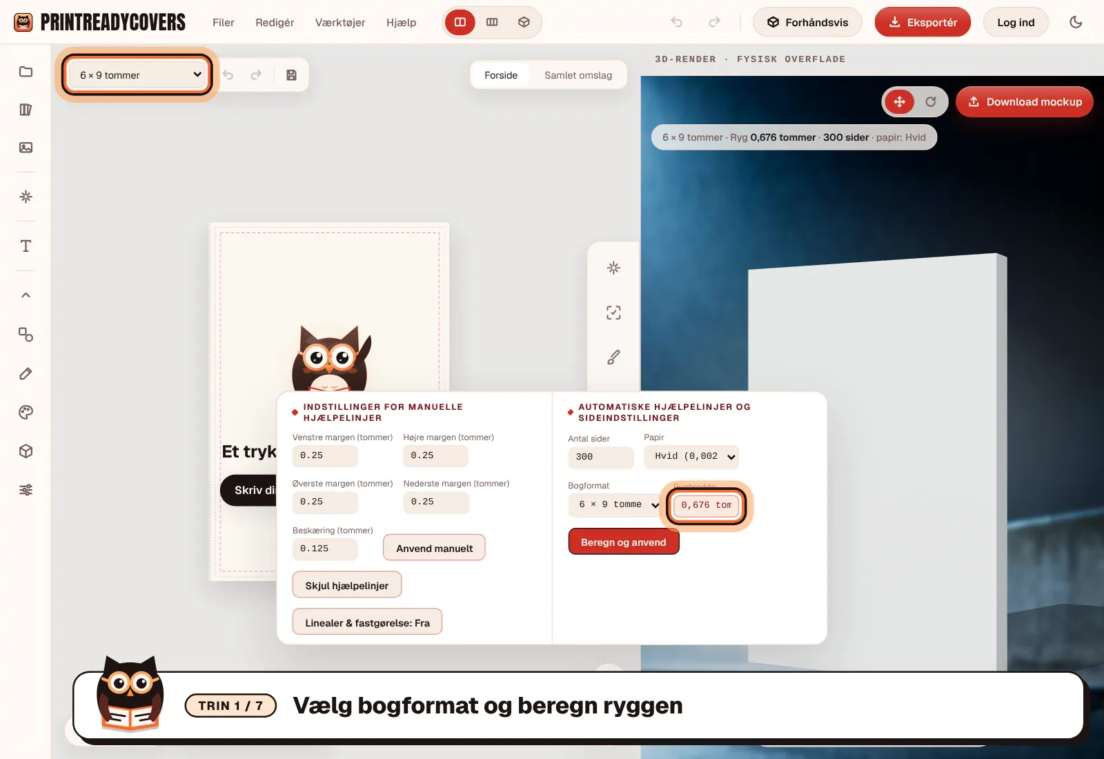 Vælg bogformat og beregn ryggen — skærmbillede af PrintReadyCovers-studioet