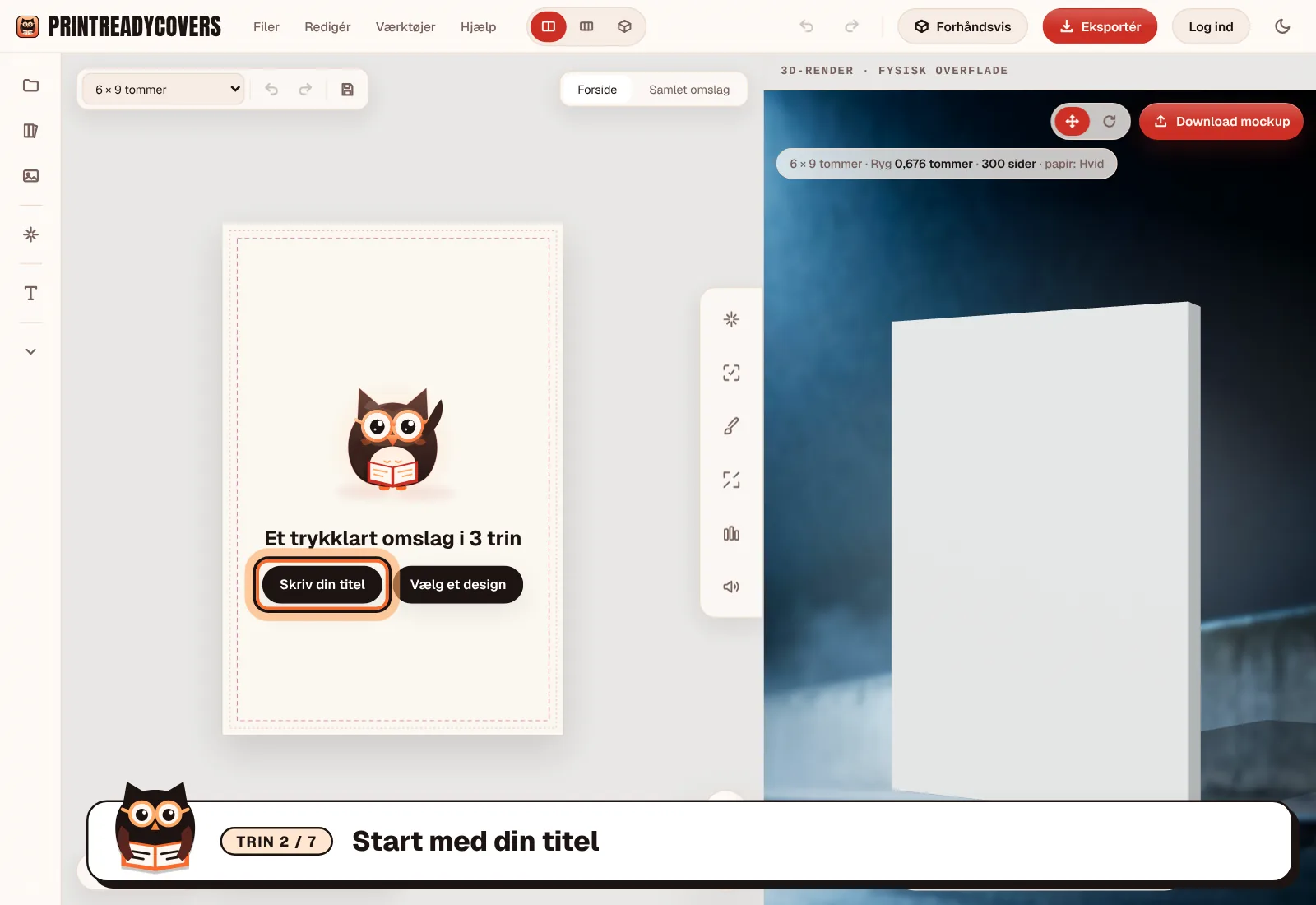 Start med din titel — skærmbillede af PrintReadyCovers-studioet