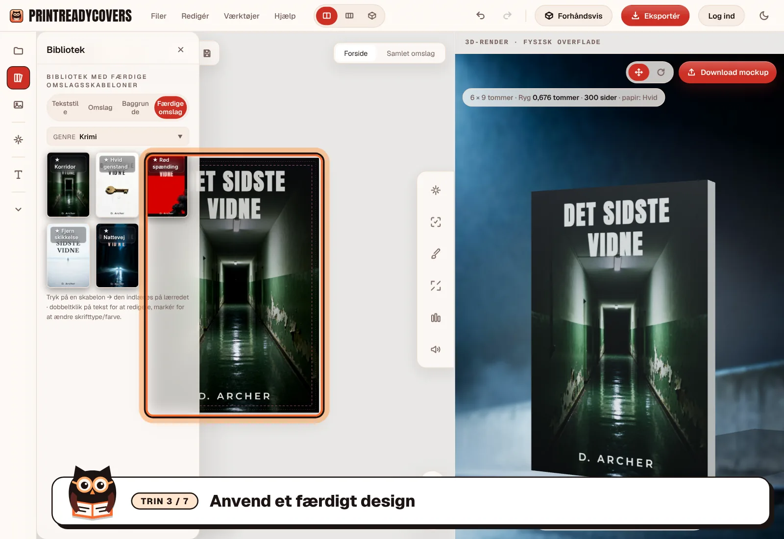 Anvend et færdigt design — skærmbillede af PrintReadyCovers-studioet