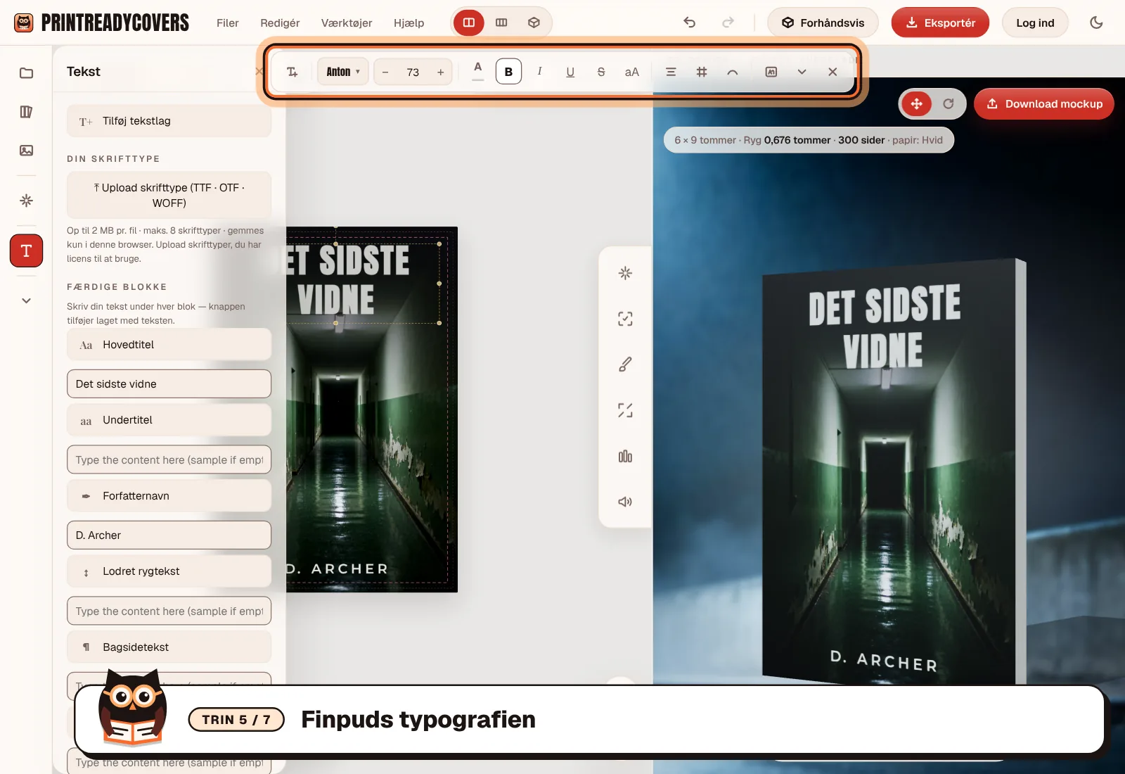 Finpuds typografien — skærmbillede af PrintReadyCovers-studioet