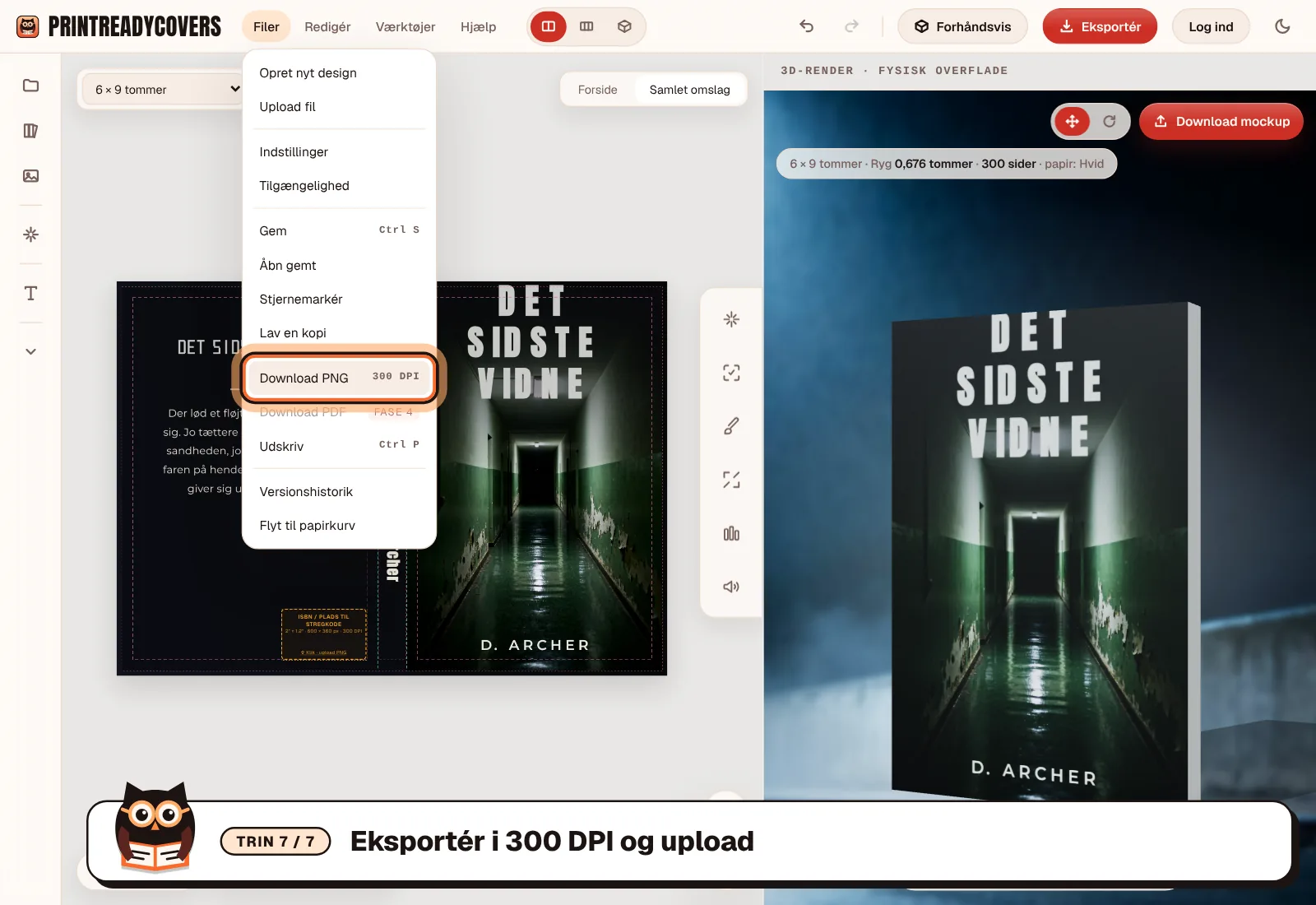 Eksportér i 300 DPI og upload — skærmbillede af PrintReadyCovers-studioet