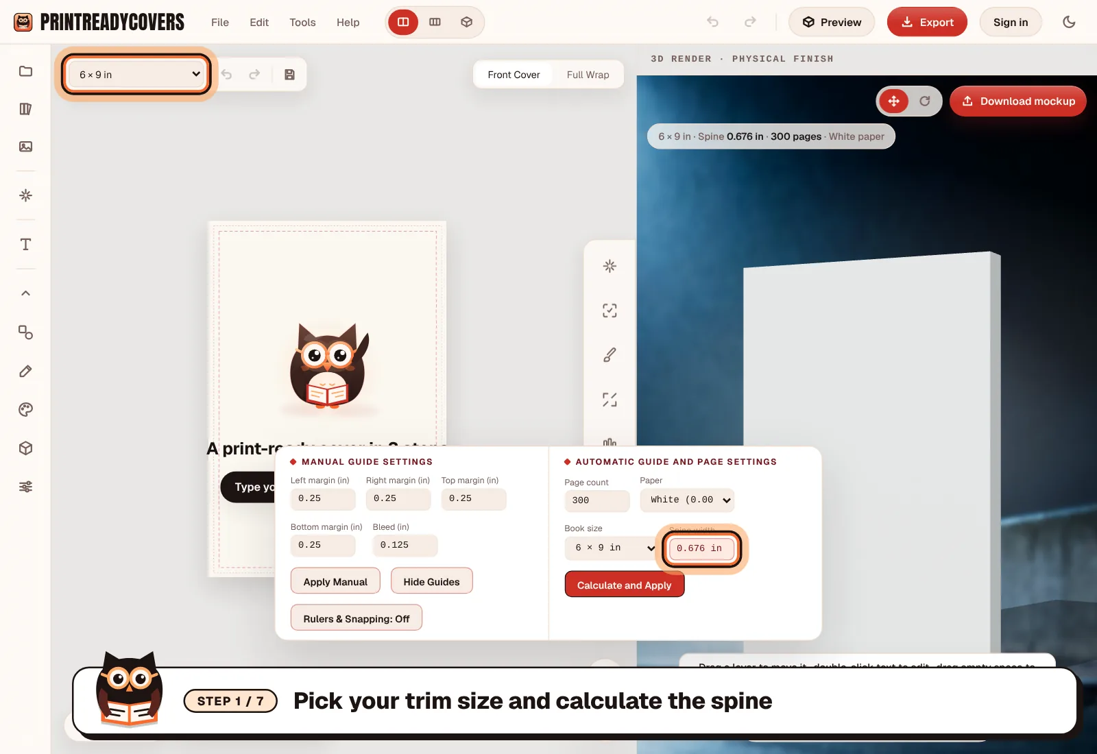 Pick your trim size and calculate the spine — screenshot of the PrintReadyCovers studio