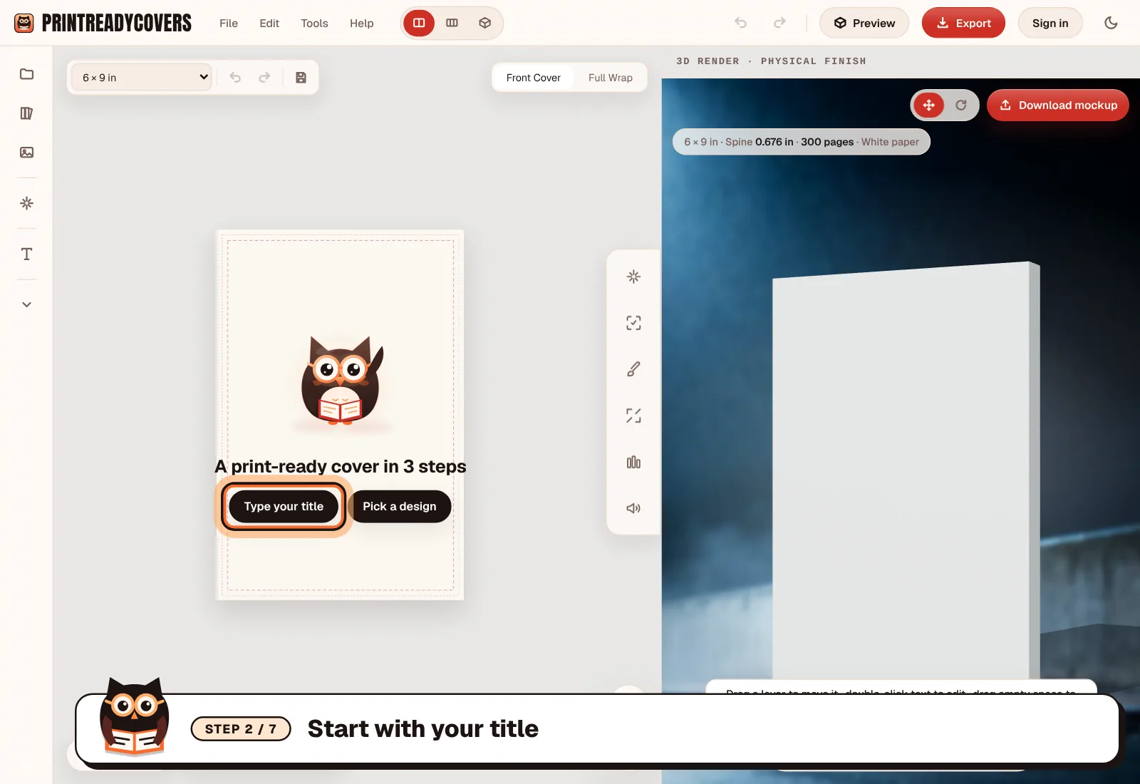 Start with your title — screenshot of the PrintReadyCovers studio