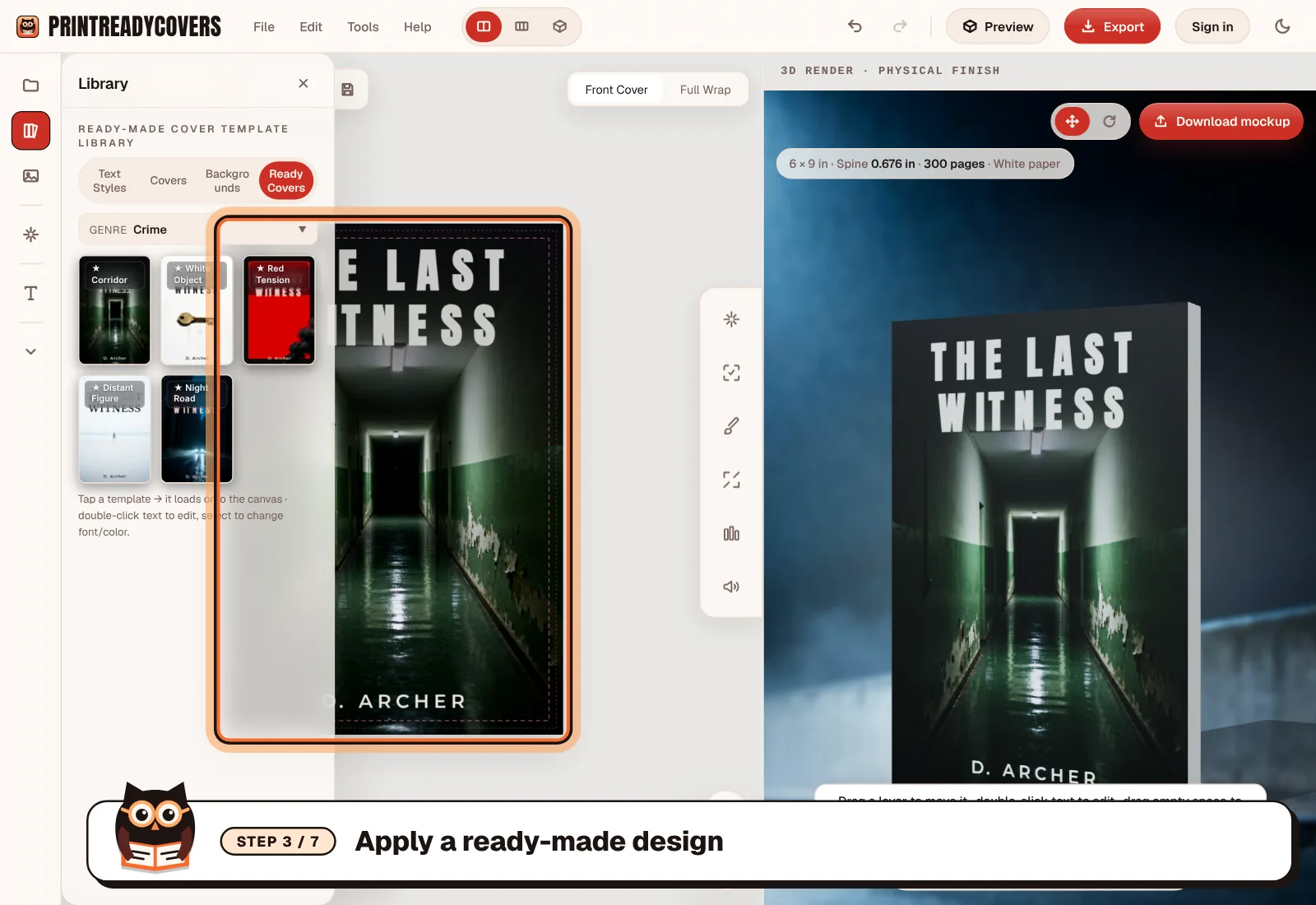 Apply a ready-made design — screenshot of the PrintReadyCovers studio